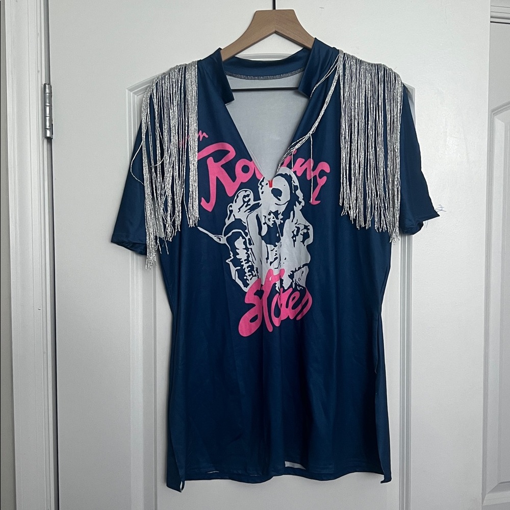 Blue Graphic T-Shirt with Fringe